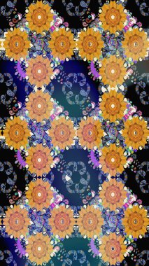 Çiçeksel fantezi tasarımı ve parlak bir arka plan çizimi. Renkli Bahar Teması eskiz kalıbı. Düz Çiçek Elementleri Tasarımı.