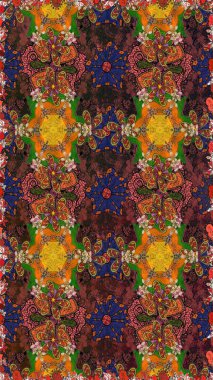 El çizimi. Kahverengi ve turuncu renkli çiçekler. Çiçeklerle kusursuz desen. Suluboya çizimi.