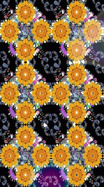 Raster düz çiçek çizim deseni. Hediye ambalaj kağıdı, tebrik kartları, posterler ve pankart tasarımı. Sarı renkte çiçekler.