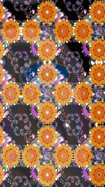 Renkli çiçekleri ve turuncu yaprakları olan harika bir çiçek deseni. Moda baskıları için zarif bir şablon. Modern çiçek arkaplanı. Halk stili.