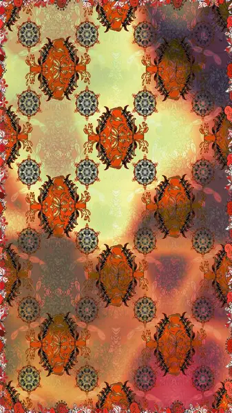 El çizimi. Kahverengi ve turuncu renkli çiçekler. Çiçeklerle kusursuz desen. Suluboya çizimi.