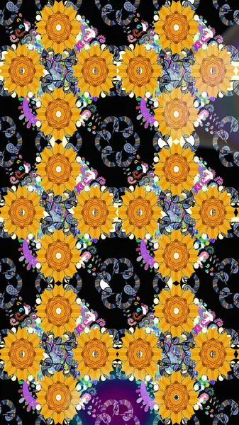 Raster düz çiçek çizim deseni. Hediye ambalaj kağıdı, tebrik kartları, posterler ve pankart tasarımı. Sarı renkte çiçekler.