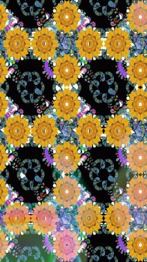 Çiçekli eskiz çizimi. Siyah renkli çiçekler. Renkli Yaz Temalı eskiz kalıbı. Düz Çiçek Elementleri Tasarımı.