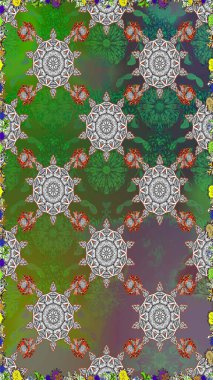 Raster deseni. Yeşil ve gri renklerde bahar çiçekleri. Raster illüstrasyonu. Patlayan çiçekler soyut yerleştirilmiş.