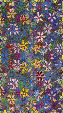 Raster illüstrasyonu. Yumuşak, bahar çiçekleri mavi ve yeşil renklerde. Patlayan çiçekler soyut olarak yerleştirilmiş. Raster deseni.