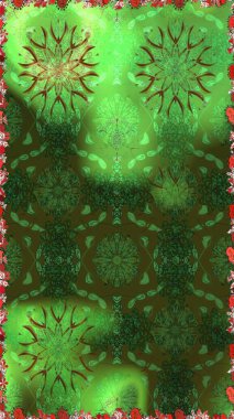 El çizimi çiçek unsurları olan soyut, dikişsiz raster deseni. Çiçekli ipek eşarp. Retro tekstil tasarım koleksiyonu. Yeşil ve gri üzerine yeşil ve gri. 1950 'ler-1960' lar motifleri.