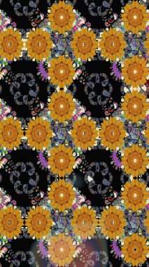 Çiçek desenli çizim. Raster illüstrasyonu. Asya tekstil tarzında. Siyah renkli çiçekler. Raster illüstrasyonu.