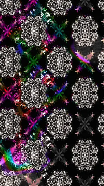 Çiçek desenli çizim. Raster illüstrasyonu. Asya tekstil tarzında. Siyah renkli çiçekler. Raster illüstrasyonu.