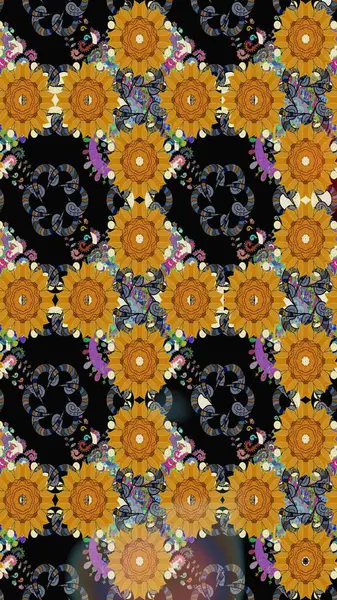 Çiçek desenli çizim. Raster illüstrasyonu. Asya tekstil tarzında. Siyah renkli çiçekler. Raster illüstrasyonu.