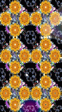 Raster düz çiçek çizim deseni. Hediye ambalaj kağıdı, tebrik kartları, posterler ve pankart tasarımı. Sarı renkte çiçekler.