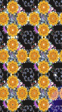 Tomurcukları papatya çiçekleri olan sevimli bir çiçek deseni. Eskiz geçmişi. Raster illüstrasyonu. Kumaş, tekstil, duvar kağıdı baskısı için. Eski usul. Miles Fleur, dandik süs.