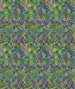 Çok yeşil ve mavi zarif küçük çiçekler ve yeşil ve mavi renkli komik böcekler, raster desen, illüstrasyon.