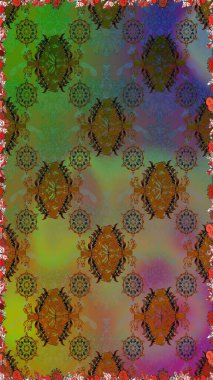 Raster illüstrasyonu. Yeşil ve kahverengi renklere karalamalar çizen kusursuz çiçek deseni.