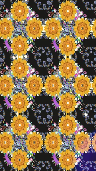 Tomurcukları papatya çiçekleri olan sevimli bir çiçek deseni. Eskiz geçmişi. Raster illüstrasyonu. Kumaş, tekstil, duvar kağıdı baskısı için. Eski usul. Miles Fleur, dandik süs.