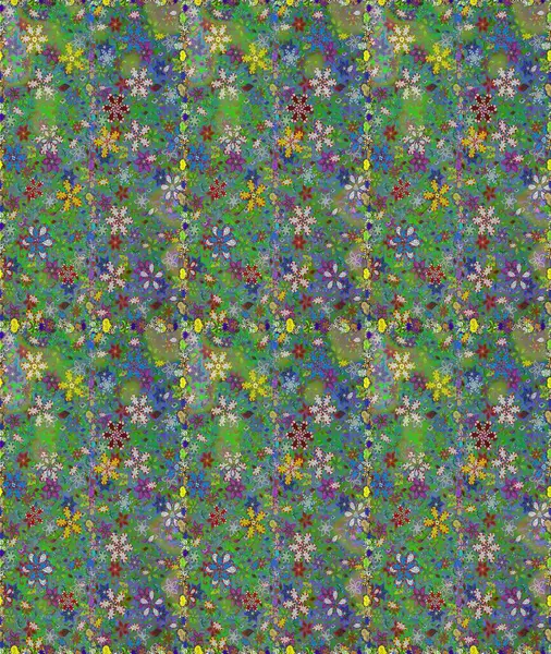 Çok yeşil ve mavi zarif küçük çiçekler ve yeşil ve mavi renkli komik böcekler, raster desen, illüstrasyon.