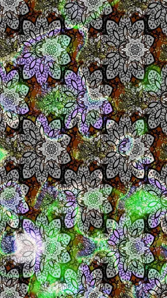 Raster illüstrasyonu. Renkli süs kenarı. Hint süsü. Çiçek duvar kağıdı. Gri renklerde. Çizim deseni.