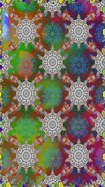 Hint süsü. Kusursuz desen. Çiçek duvar kağıdı. Gri ve yeşil renklerde. Raster illüstrasyonu. Renkli süs kenarı.