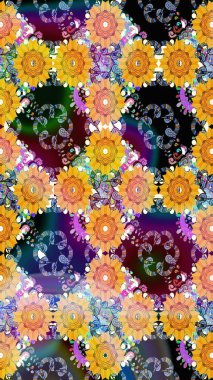 Raster düz çiçek çizim deseni. Hediye ambalaj kağıdı, tebrik kartları, posterler ve pankart tasarımı. Sarı renkte çiçekler.