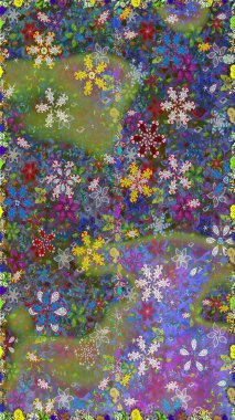 Yeşil renkli Asya tekstili. Raster illüstrasyonu. Çiçeklerle suluboya desenleri.