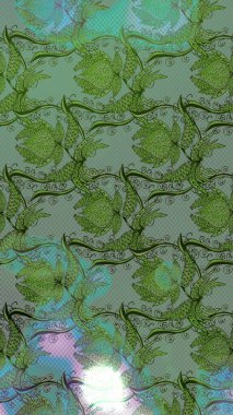 Raster Floral Illustration, Asyalı tekstil. Yeşil ve gri renkte etnik çiçeklerle süslenmiş zarif bir eskiz..