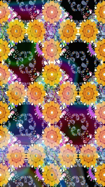 Raster düz çiçek çizim deseni. Hediye ambalaj kağıdı, tebrik kartları, posterler ve pankart tasarımı. Sarı renkte çiçekler.