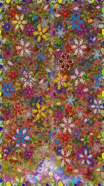 Çiçeklerle suluboya desenli çiçek deseni. Raster illüstrasyonu. Kahverengi renkli Asyalı tekstil.