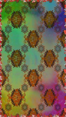 Çok yeşil ve kahverengi zarif küçük çiçekler ve yeşil ve kahverengi renkli komik böcekler, raster desen, illüstrasyon.