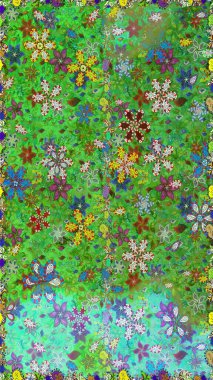 Şablon, pürüzsüz, çiçekli kenar. Çiçek çelengi. Güzel, parlak, pürüzsüz kumaş, tuval. Kıvırcık, parlak örgü. Eski moda arka plan. Raster illüstrasyonu.