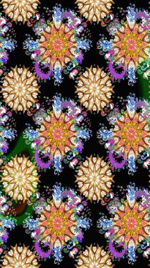 Parlak renkli çiçekli ve siyah yapraklı harika bir çiçek deseni. Moda baskıları için zarif bir şablon. Modern çiçek arkaplanı. Halk stili.