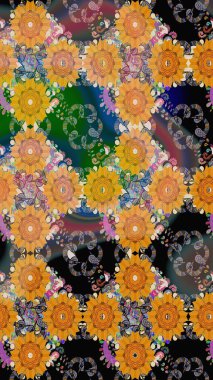 Renkli çiçekleri ve turuncu yaprakları olan harika bir çiçek deseni. Moda baskıları için zarif bir şablon. Modern çiçek arkaplanı. Halk stili.