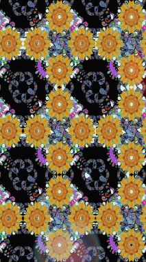 Parlak renkli çiçekli ve siyah yapraklı harika bir çiçek deseni. Moda baskıları için zarif bir şablon. Modern çiçek arkaplanı. Halk stili.