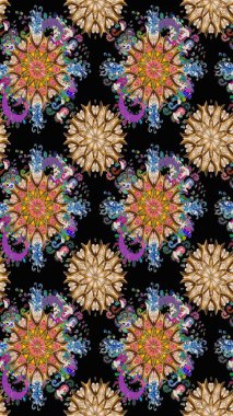 Siyah renkler ve parlak çiçekler üzerine soyut çizim deseni. Çiçeksel elementlerle süslenmiş zarif raster dokusu. Küçük çiçekte şirin bir çiçek deseni var..