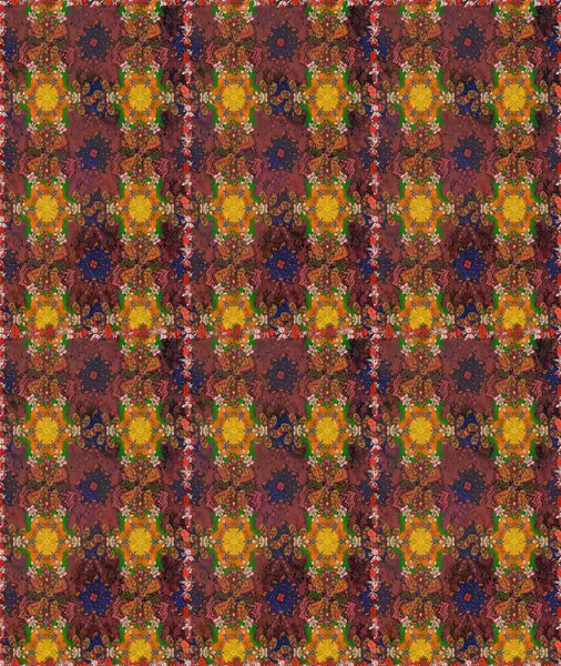 Sanat ilham verir ve turuncu renkli çiçekler bırakır. Kahverengi ve turuncu el çizimleri. Raster deseni. Karalama çiçekleri kusursuz desen.