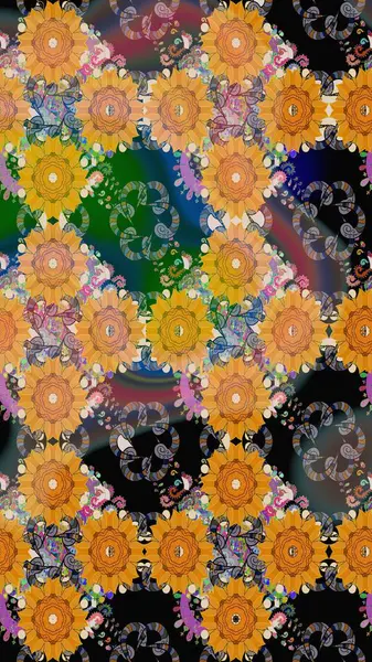 Renkli çiçekleri ve turuncu yaprakları olan harika bir çiçek deseni. Moda baskıları için zarif bir şablon. Modern çiçek arkaplanı. Halk stili.