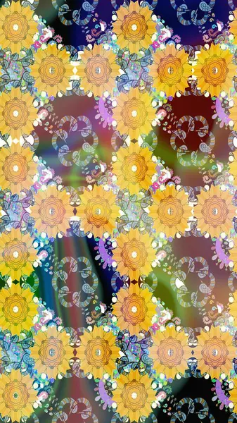 Çiçekli çiçek deseni, suluboya. Sarı renkli çiçekler. Renkli Bahar Teması eskiz kalıbı. Düz Çiçek Elementleri Tasarımı. Raster illüstrasyonu.