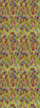 Halk tarzı. Parlak renkli çiçekleri ve yeşil ve sarı renklerde yaprakları olan şaşırtıcı, pürüzsüz çiçek deseni. Modern çiçek arkaplanı. Moda baskıları için zarif bir şablon.