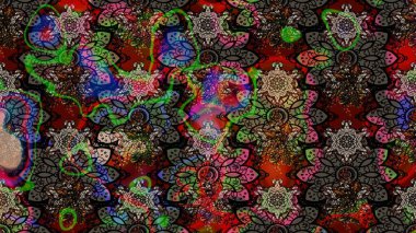 1950-1960 motifleri. Retro tekstil tasarım koleksiyonu. Çiçekli ipek eşarp. El çizimi çiçek unsurları olan soyut çizim raster deseni. Siyah üstüne siyah..