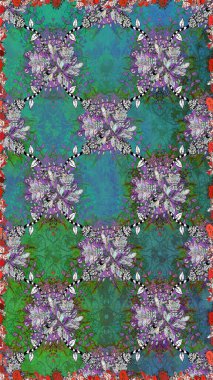 Raster dikişsiz çiçek deseni. Vadinin çiçekleri yeşil ve mavi renklerde.