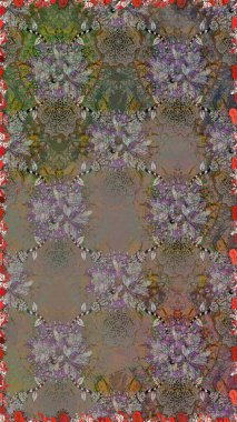 Süslü kumaş deseni. Renkli Bahar Temalı Kusursuz Arkaplan. Düz Çiçek Elementleri Tasarımı. Raster illüstrasyonunda kusursuz çiçek deseni.