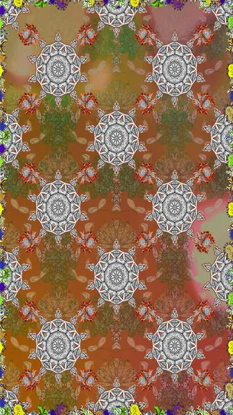 Moda baskıları için zarif bir şablon. Halk tarzı. Modern çiçek arkaplanı. Parlak renkli çiçekleri ve kahverengi ve gri yaprakları olan şaşırtıcı, pürüzsüz çiçek deseni..