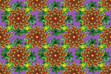 Hediye ambalaj kağıdı, tebrik kartları, posterler ve pankart tasarımı. Raster düz çiçekleri pürüzsüz desen. Yeşil, sarı ve mor renkli çiçekler.