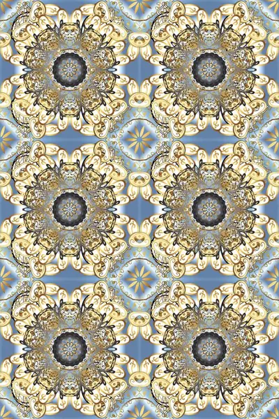 Damask pürüzsüz yineleme kalıbı. Bej, nötr ve gri renklerde altın element. Barok tarzında altın çiçekli süs. Antika altın tekrarlanabilir duvar kağıdı.