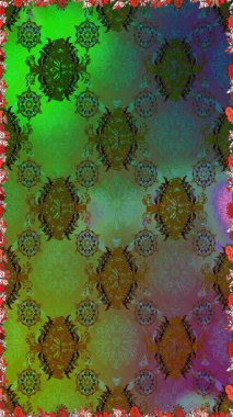 Raster illüstrasyonu. Çiçek deseni. Yeşil ve kahverengi renkli çiçekler. Yeşil ve kahverengi renklerde çiçeksiz. Şatafatlı bahar bahçesi dokusu.