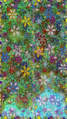 Raster suluboya çiçek deseni, narin çiçekler, yeşil ve mavi çiçekler, tebrik kartı şablonu. Raster Güzel kumaş deseni.