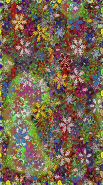 Düz Çiçek Elementleri Tasarımı. Renkli Yaz Temalı Kusursuz Arkaplan. Yeşil renkli çiçekler. Sevimli çiçek raster deseni.