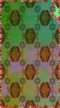 Renkli desenli, yeşil çiçekli ve dekoratif elementli kusursuz desen. Eski usul. Kusursuz bir geçmişi var. Raster illüstrasyonu. Kumaş, tekstil ve duvar kağıdı baskısı için..