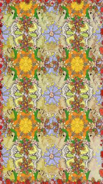 Modern çiçek arkaplanı. Rengarenk çiçekleri ve doğal renklerde yaprakları olan harika, pürüzsüz çiçek deseni. Halk tarzı. Moda baskıları için zarif bir şablon.