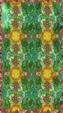 Yapraklı çiçekler ve yeşil ve kahverengi renkli papatya çiçekleri. Raster - stok. Taslak arkaplan deseni.