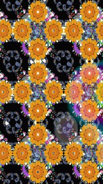 Ağaç dallı bahar çiçekleriyle desen, çiçek siluetiyle siyah renkler. Raster deseni.