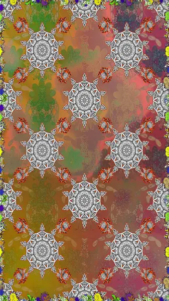 Kahverengi renkli çiçekler. Renkli Bahar Temalı Kusursuz Arkaplan. Düz Çiçek Elementleri Tasarımı. Raster illüstrasyonunda kusursuz çiçek deseni.